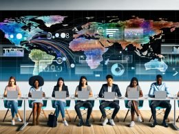 Marketingteam arbeitet im modernen Büro vor digitaler Weltkarte mit animierten Datenströmen, KPIs und Analytics-Dashboards