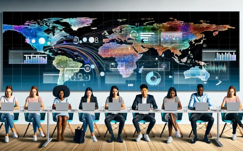 Marketingteam arbeitet im modernen Büro vor digitaler Weltkarte mit animierten Datenströmen, KPIs und Analytics-Dashboards