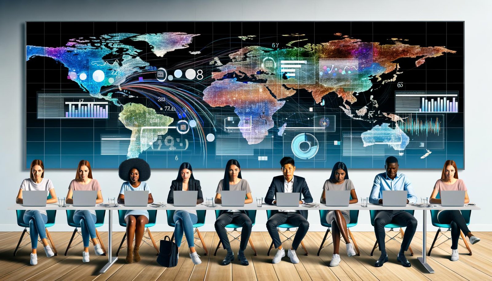 Marketingteam arbeitet im modernen Büro vor digitaler Weltkarte mit animierten Datenströmen, KPIs und Analytics-Dashboards