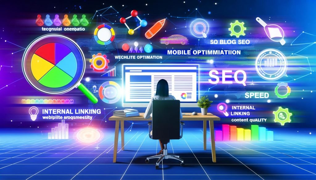 Moderne Illustration eines Bloggers am Schreibtisch, umrundet von Datenvisualisierungen, technischen Geräten, Keywords und SEO-Grafiken mit Symbolen für schnelle Ladezeiten, Mobile-Optimierung, interne Verlinkungen und hochwertige Inhalte.