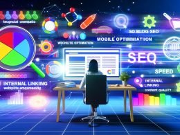 Moderne Illustration eines Bloggers am Schreibtisch, umrundet von Datenvisualisierungen, technischen Geräten, Keywords und SEO-Grafiken mit Symbolen für schnelle Ladezeiten, Mobile-Optimierung, interne Verlinkungen und hochwertige Inhalte.