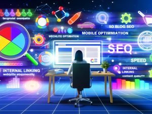 Moderne Illustration eines Bloggers am Schreibtisch, umrundet von Datenvisualisierungen, technischen Geräten, Keywords und SEO-Grafiken mit Symbolen für schnelle Ladezeiten, Mobile-Optimierung, interne Verlinkungen und hochwertige Inhalte.