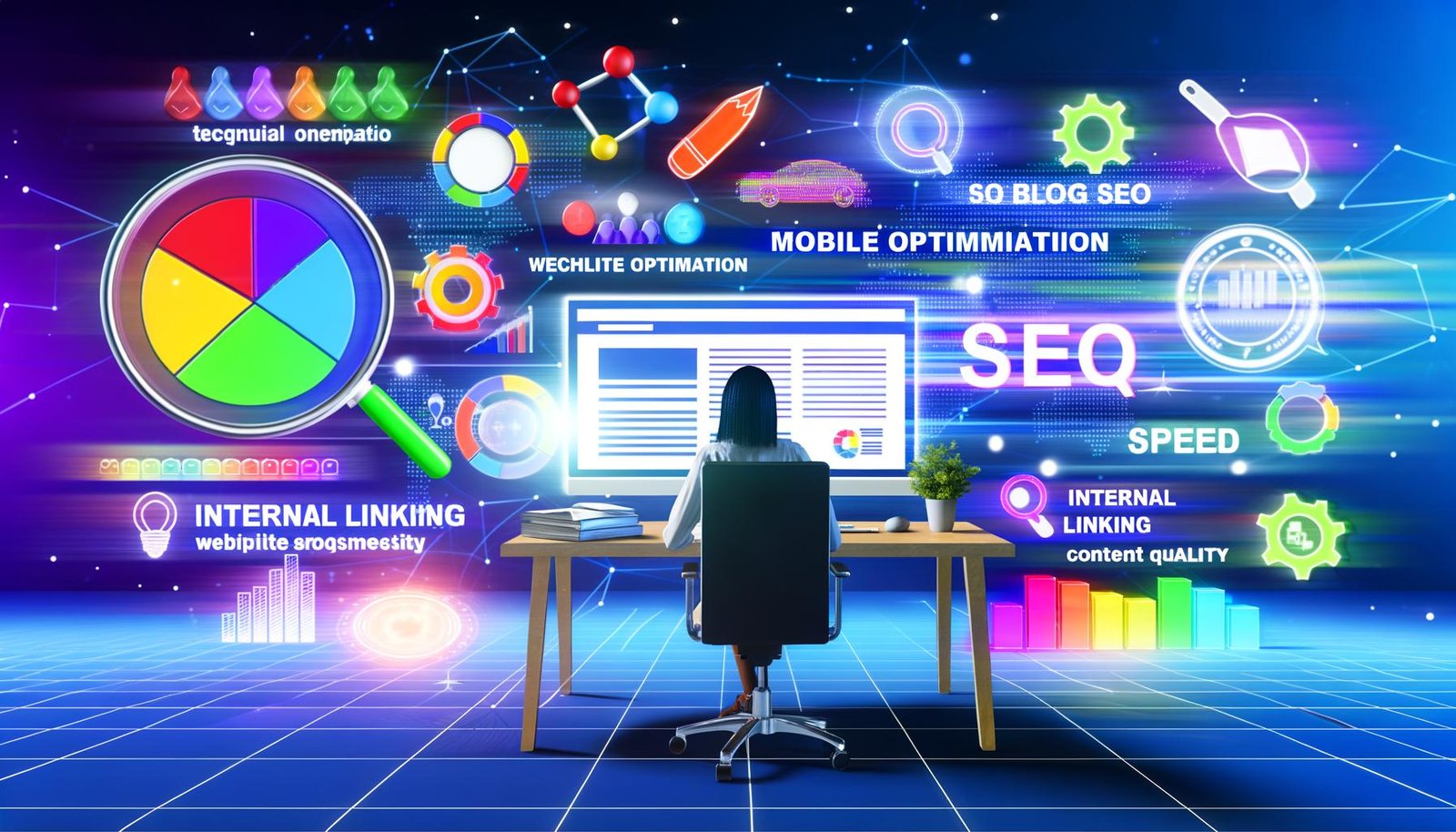 Moderne Illustration eines Bloggers am Schreibtisch, umrundet von Datenvisualisierungen, technischen Geräten, Keywords und SEO-Grafiken mit Symbolen für schnelle Ladezeiten, Mobile-Optimierung, interne Verlinkungen und hochwertige Inhalte.