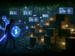 Hochkontrast-Illustration eines dichten digitalen Dschungels mit Amazon-Boxen und Code, wo ein Marketer mit KI-Schutzschild Bots und Hacker im Dunkeln abwehrt.
