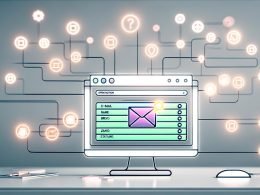 Illustration einer offenen Notion-Datenbank auf einem Desktop, umgeben von abstrahierten Icons für Newsletter- und Automatisierungstools, verbunden durch dynamische Linien und leuchtende Trigger-Symbole.