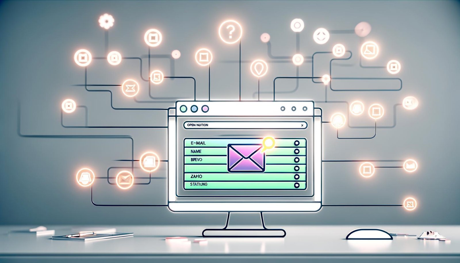 Illustration einer offenen Notion-Datenbank auf einem Desktop, umgeben von abstrahierten Icons für Newsletter- und Automatisierungstools, verbunden durch dynamische Linien und leuchtende Trigger-Symbole.
