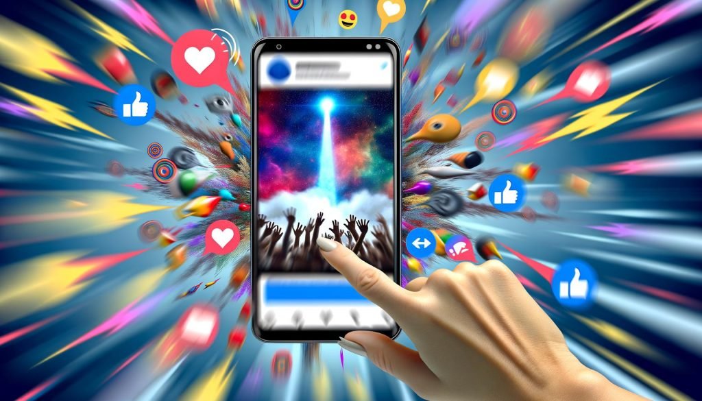 Illustration eines aufgeklappten Smartphones mit Daumen, der schnell durch den Facebook-Feed wischt. Bunte Video-Thumbnails und kurze Sprechblasen dominieren, im Hintergrund verschwimmen monotone Videos im blauen Newsfeed.