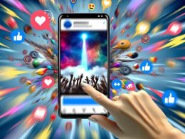 Illustration eines aufgeklappten Smartphones mit Daumen, der schnell durch den Facebook-Feed wischt. Bunte Video-Thumbnails und kurze Sprechblasen dominieren, im Hintergrund verschwimmen monotone Videos im blauen Newsfeed.