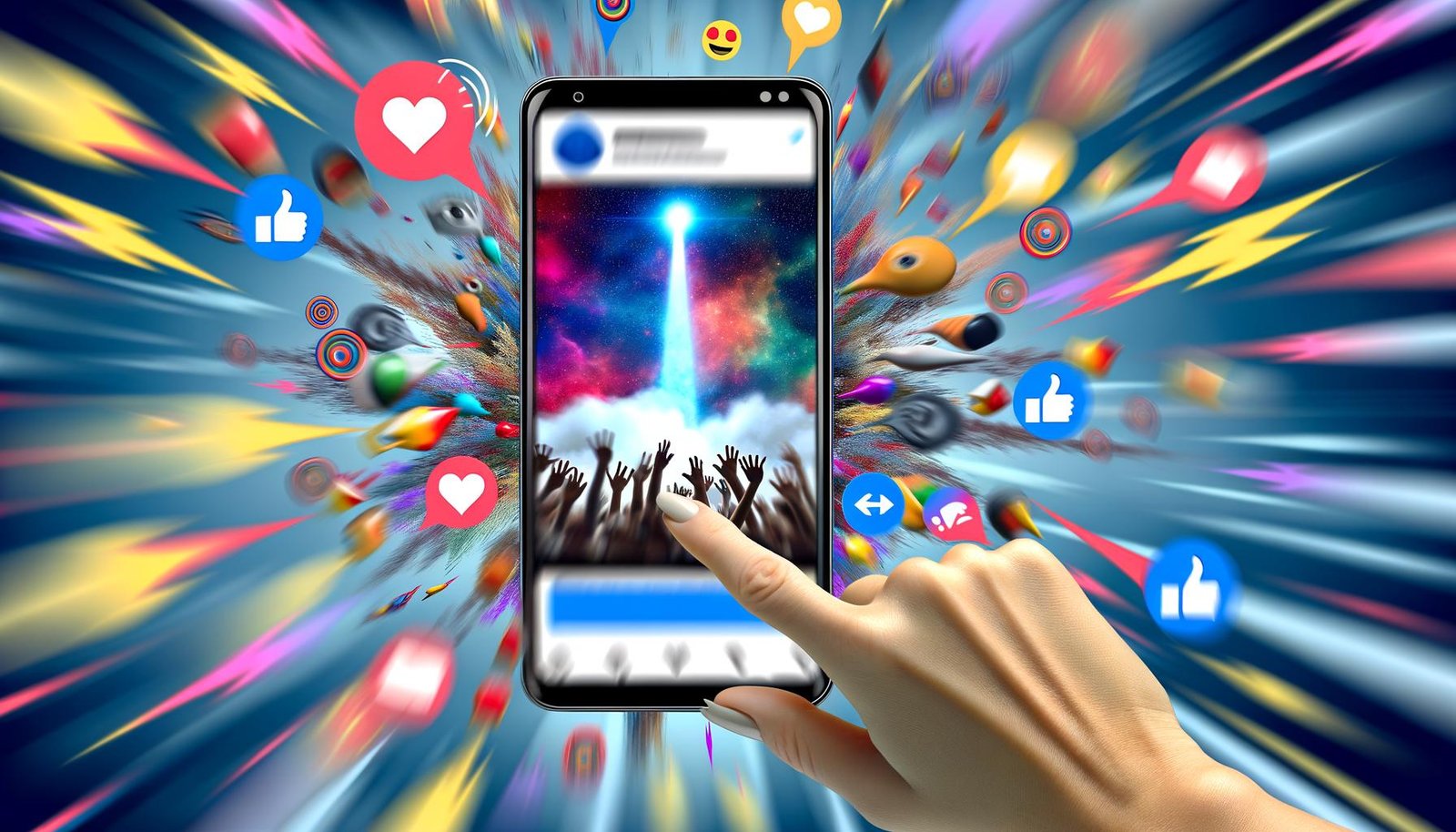 Illustration eines aufgeklappten Smartphones mit Daumen, der schnell durch den Facebook-Feed wischt. Bunte Video-Thumbnails und kurze Sprechblasen dominieren, im Hintergrund verschwimmen monotone Videos im blauen Newsfeed.