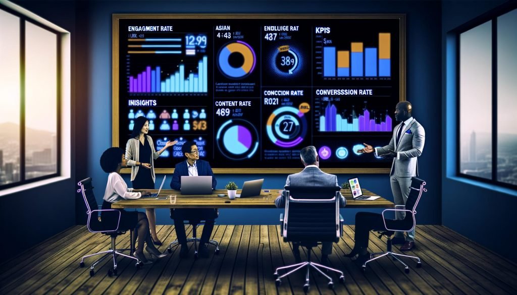Vielfältiges Content-Marketing-Team analysiert ein digitales Dashboard mit KPIs, Laptops und Post-its in einem modernen Büro.