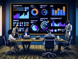 Vielfältiges Content-Marketing-Team analysiert ein digitales Dashboard mit KPIs, Laptops und Post-its in einem modernen Büro.