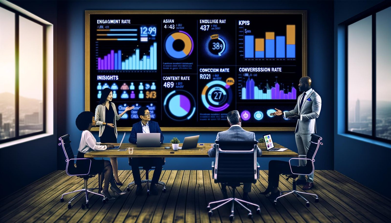 Vielfältiges Content-Marketing-Team analysiert ein digitales Dashboard mit KPIs, Laptops und Post-its in einem modernen Büro.