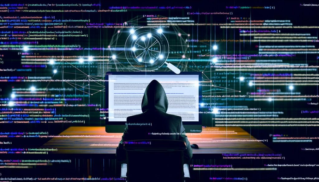 Titelbild eines anonymen Marketers mit Kapuze vor großem Bildschirm voller Analytics-Daten und Diagramme. Unscharfe Blogartikel strömen digital vorbei, während wenige hervorgehobene, leuchtende technische Blogseiten im Vordergrund zu sehen sind.