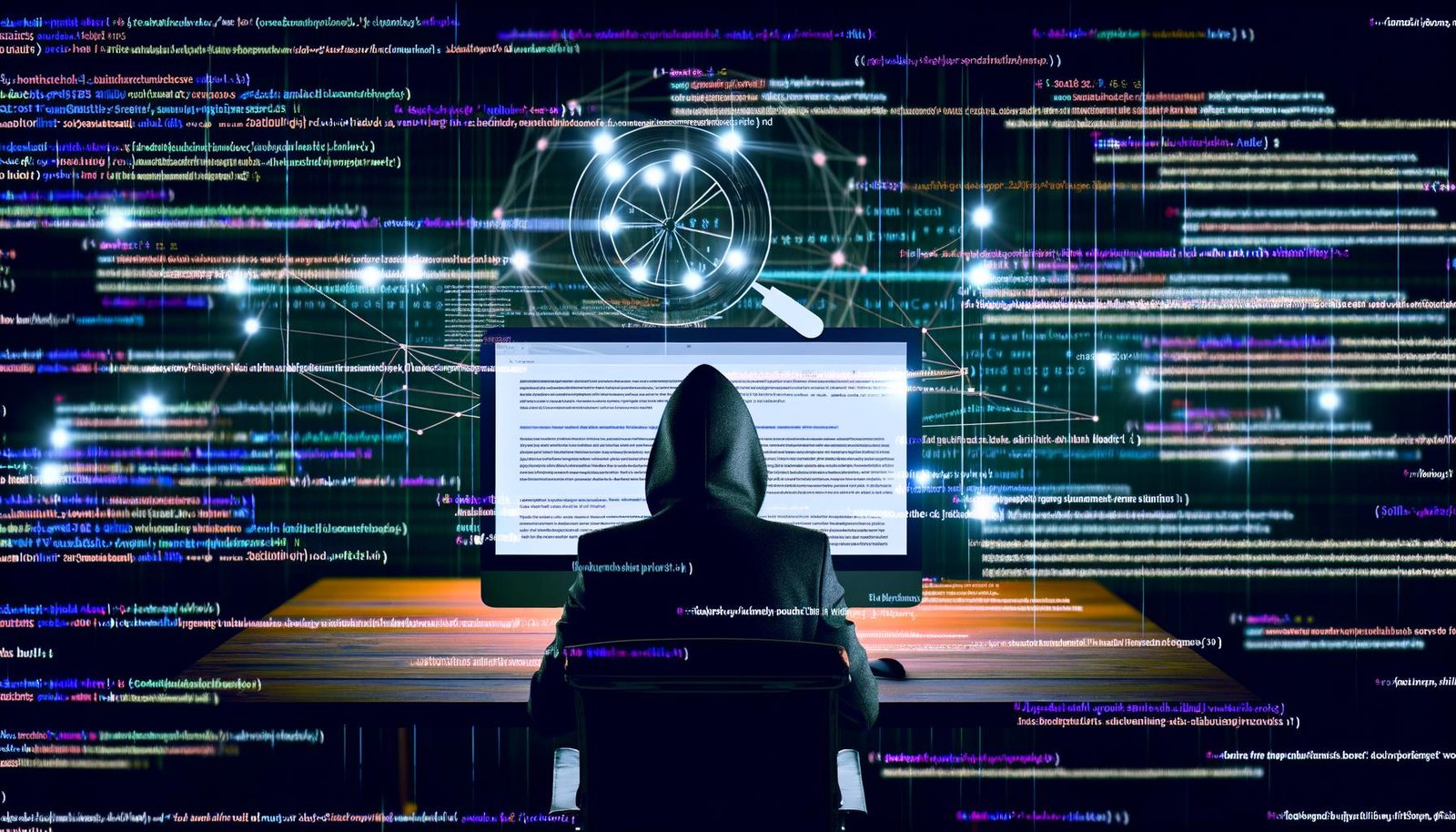 Titelbild eines anonymen Marketers mit Kapuze vor großem Bildschirm voller Analytics-Daten und Diagramme. Unscharfe Blogartikel strömen digital vorbei, während wenige hervorgehobene, leuchtende technische Blogseiten im Vordergrund zu sehen sind.