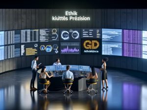 Dunkler Kontrollraum mit Monitoren, die Marketingdaten, ein Consent-Fenster und GDPR-Warnungen anzeigen. Diverse Personen analysieren Daten und diskutieren über ethische Aspekte.
