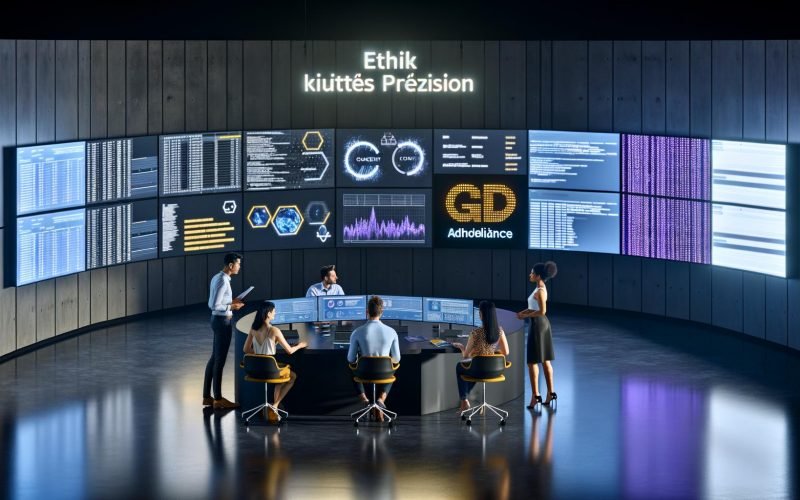 Dunkler Kontrollraum mit Monitoren, die Marketingdaten, ein Consent-Fenster und GDPR-Warnungen anzeigen. Diverse Personen analysieren Daten und diskutieren über ethische Aspekte.
