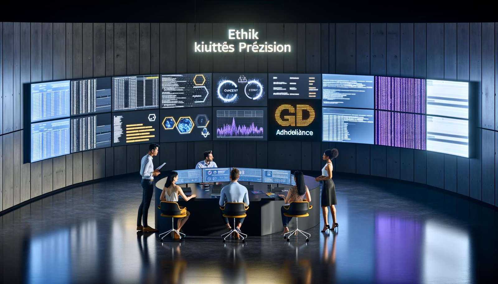 Dunkler Kontrollraum mit Monitoren, die Marketingdaten, ein Consent-Fenster und GDPR-Warnungen anzeigen. Diverse Personen analysieren Daten und diskutieren über ethische Aspekte.