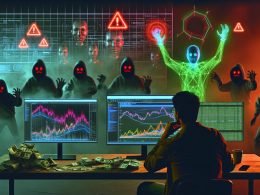 Ein Marketer sitzt nachdenklich vor mehreren Bildschirmen mit Amazon Ads, Warnsymbolen und grünem Code, während maskierte Schatten und ein KI-Schutzschild im cyberpunkartigen Büro zu sehen sind.