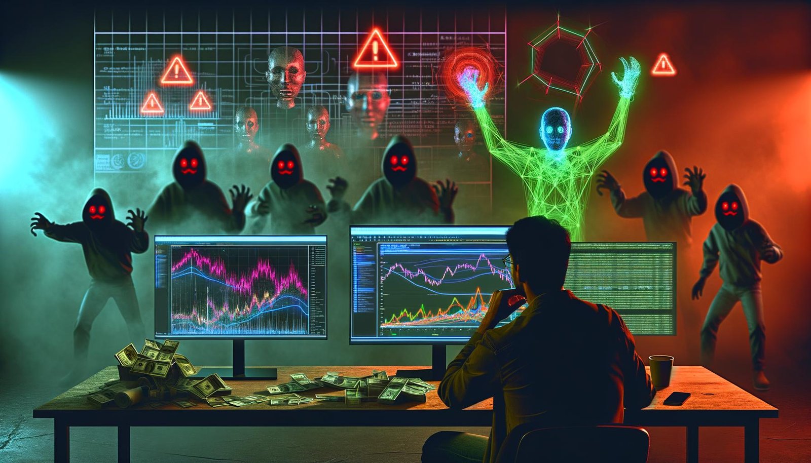 Ein Marketer sitzt nachdenklich vor mehreren Bildschirmen mit Amazon Ads, Warnsymbolen und grünem Code, während maskierte Schatten und ein KI-Schutzschild im cyberpunkartigen Büro zu sehen sind.