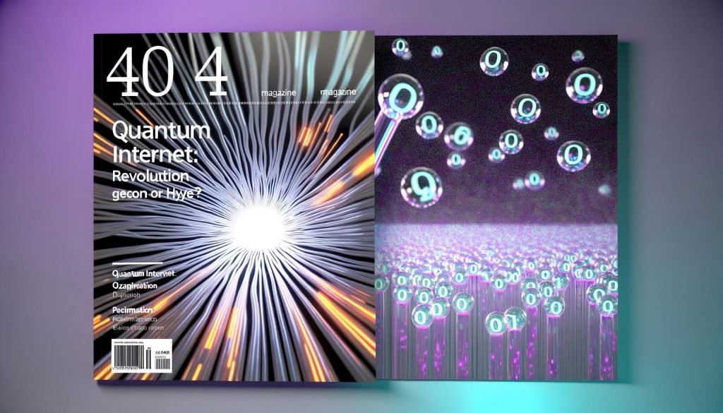 Futuristisches 404 Magazine-Cover mit Glasfaser, schwebenden Qubits und digitalem Lichternebel im Hintergrund, Titel Quantum Internet: Revolution oder Hype?