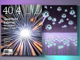 Futuristisches 404 Magazine-Cover mit Glasfaser, schwebenden Qubits und digitalem Lichternebel im Hintergrund, Titel Quantum Internet: Revolution oder Hype?