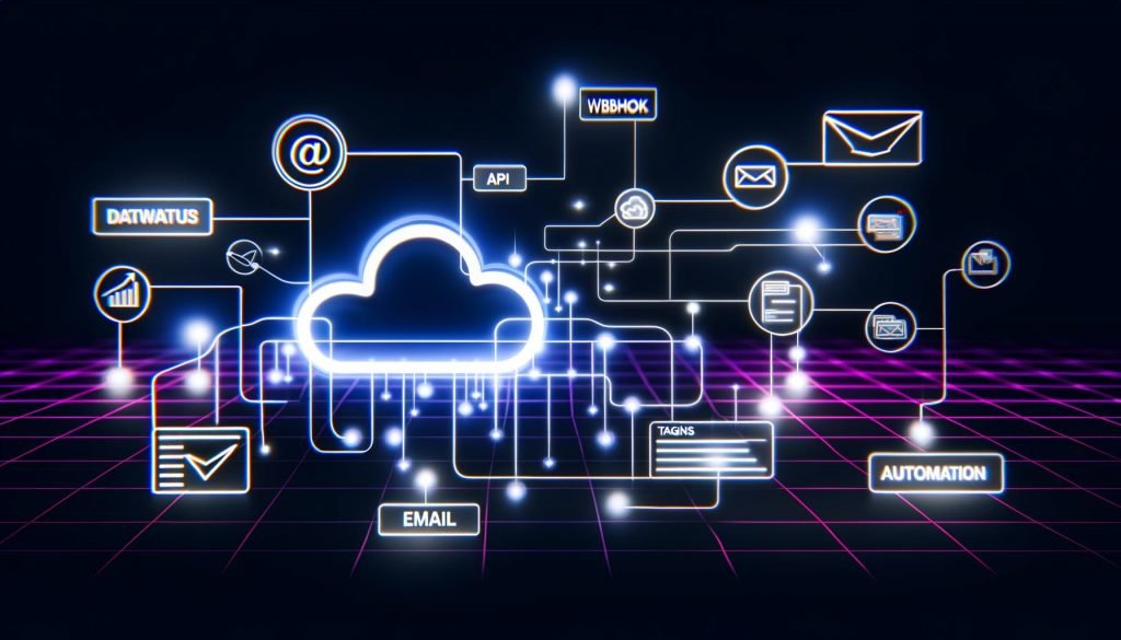 Stilisierte Abbildung einer Notion-Datenbank, verbunden mit Icons für Email, API, Webhook und Automatisierungstools wie Zapier, Make und n8n sowie leuchtenden Linien zu Mailchimp und ActiveCampaign.