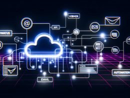Stilisierte Abbildung einer Notion-Datenbank, verbunden mit Icons für Email, API, Webhook und Automatisierungstools wie Zapier, Make und n8n sowie leuchtenden Linien zu Mailchimp und ActiveCampaign.