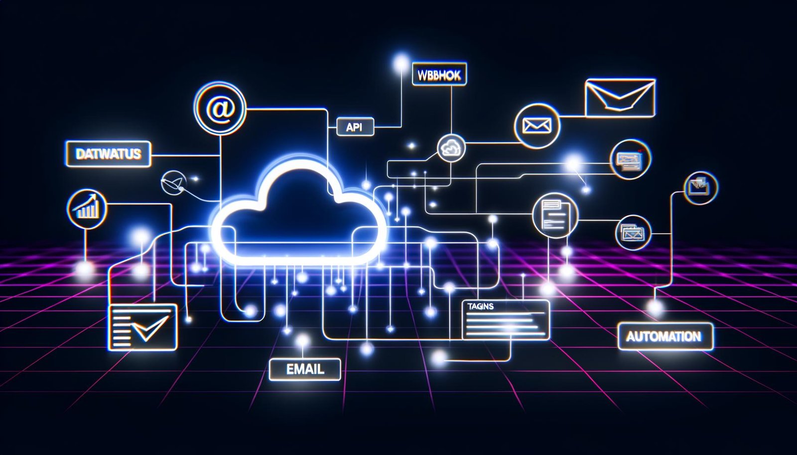 Stilisierte Abbildung einer Notion-Datenbank, verbunden mit Icons für Email, API, Webhook und Automatisierungstools wie Zapier, Make und n8n sowie leuchtenden Linien zu Mailchimp und ActiveCampaign.