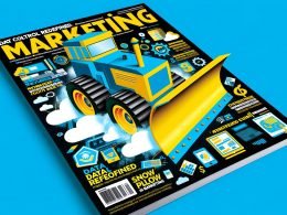 Futuristisches Magazincover mit großem gelb-blauen Schneepflug, der Datenfragmente und Marketingsymbole in einer digitalen Landschaft mit Servern und Cloud-Symbolen beiseite schiebt.