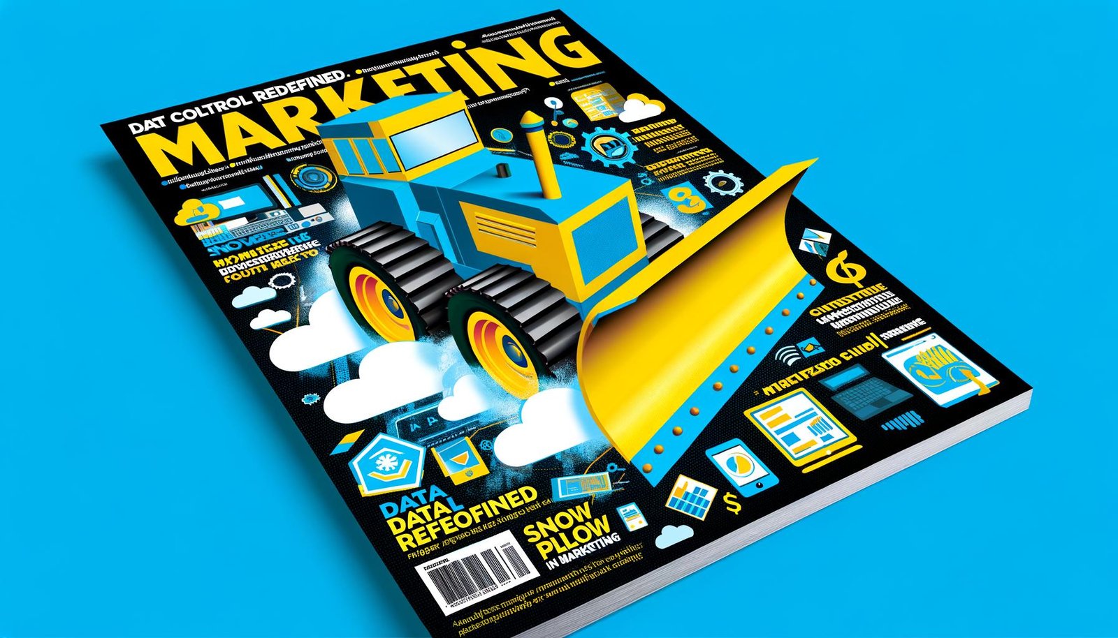 Futuristisches Magazincover mit großem gelb-blauen Schneepflug, der Datenfragmente und Marketingsymbole in einer digitalen Landschaft mit Servern und Cloud-Symbolen beiseite schiebt.