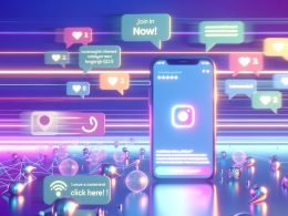 Leuchtendes Smartphone mit Instagram-App und auffälligen Call-to-Action-Buttons, umgeben von Like-, Kommentar- und Automatisierungs-Icons im Neon-Vaporwave-Stil.