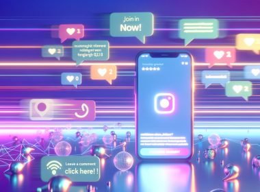 Leuchtendes Smartphone mit Instagram-App und auffälligen Call-to-Action-Buttons, umgeben von Like-, Kommentar- und Automatisierungs-Icons im Neon-Vaporwave-Stil.