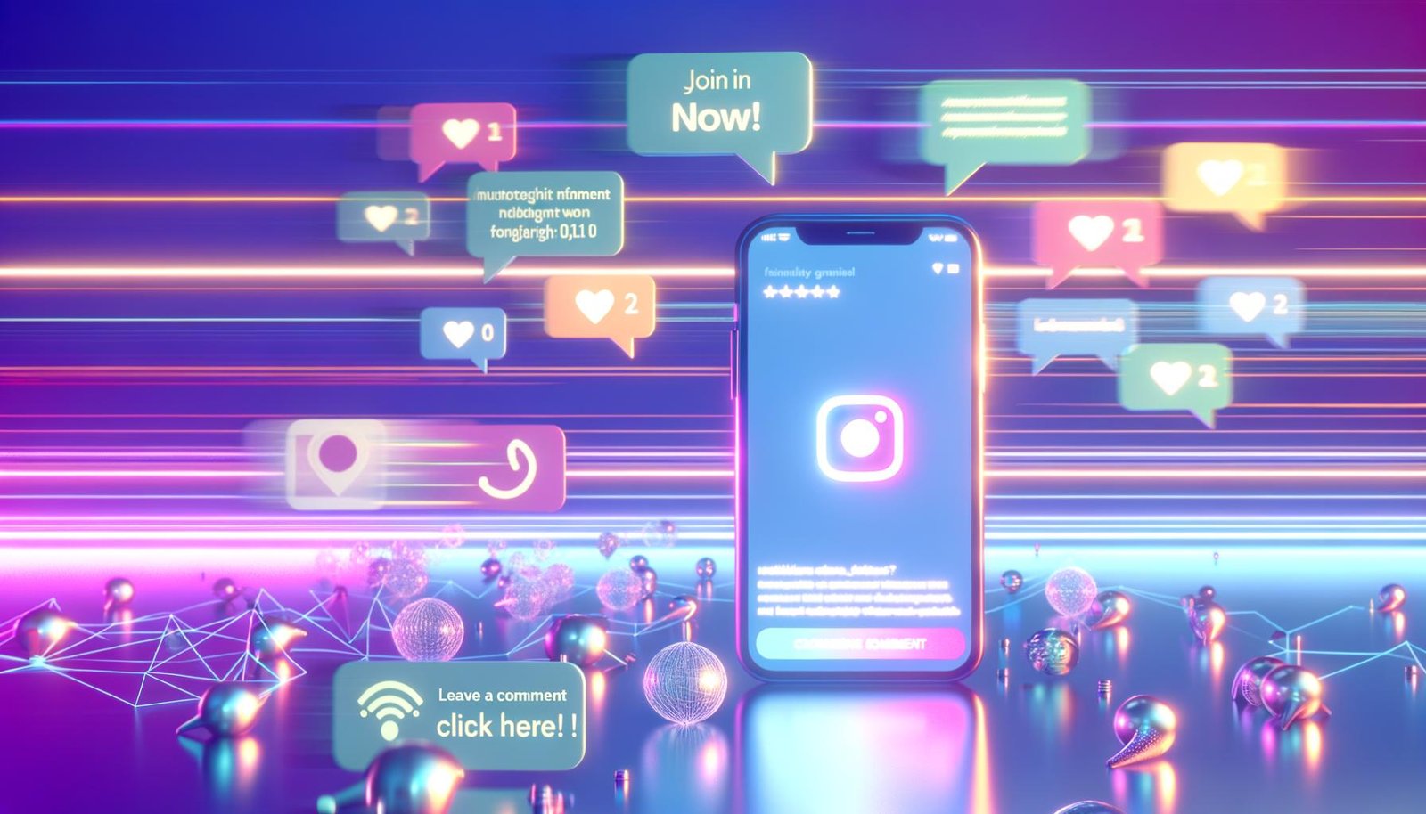 Leuchtendes Smartphone mit Instagram-App und auffälligen Call-to-Action-Buttons, umgeben von Like-, Kommentar- und Automatisierungs-Icons im Neon-Vaporwave-Stil.