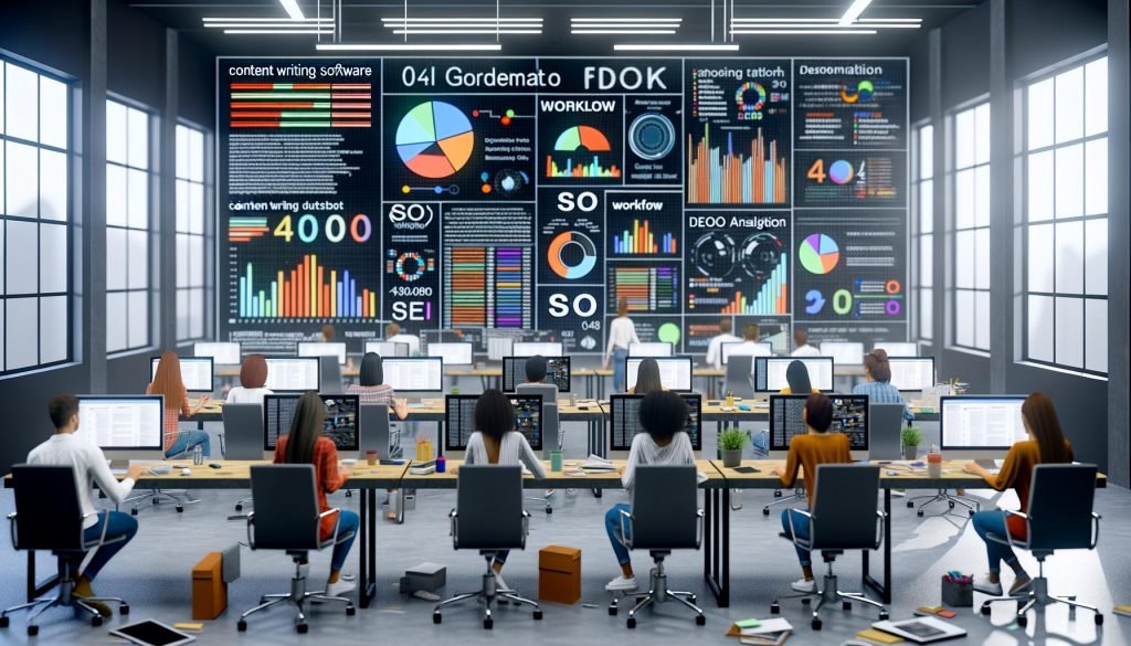 Redaktionsbüro mit mehreren Arbeitsplätzen, großen Monitoren und einem zentralen Dashboard voller bunter Diagramme, KI-Tools und SEO-Daten. Junge Redakteur:innen arbeiten konzentriert an ihren Desktops, Notizblock, Smartphone und Kaffeetasse liegen daneben.