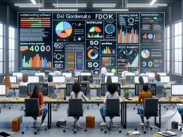 Redaktionsbüro mit mehreren Arbeitsplätzen, großen Monitoren und einem zentralen Dashboard voller bunter Diagramme, KI-Tools und SEO-Daten. Junge Redakteur:innen arbeiten konzentriert an ihren Desktops, Notizblock, Smartphone und Kaffeetasse liegen daneben.