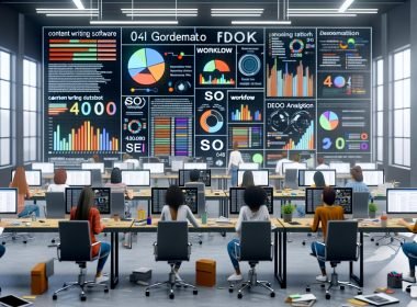 Redaktionsbüro mit mehreren Arbeitsplätzen, großen Monitoren und einem zentralen Dashboard voller bunter Diagramme, KI-Tools und SEO-Daten. Junge Redakteur:innen arbeiten konzentriert an ihren Desktops, Notizblock, Smartphone und Kaffeetasse liegen daneben.