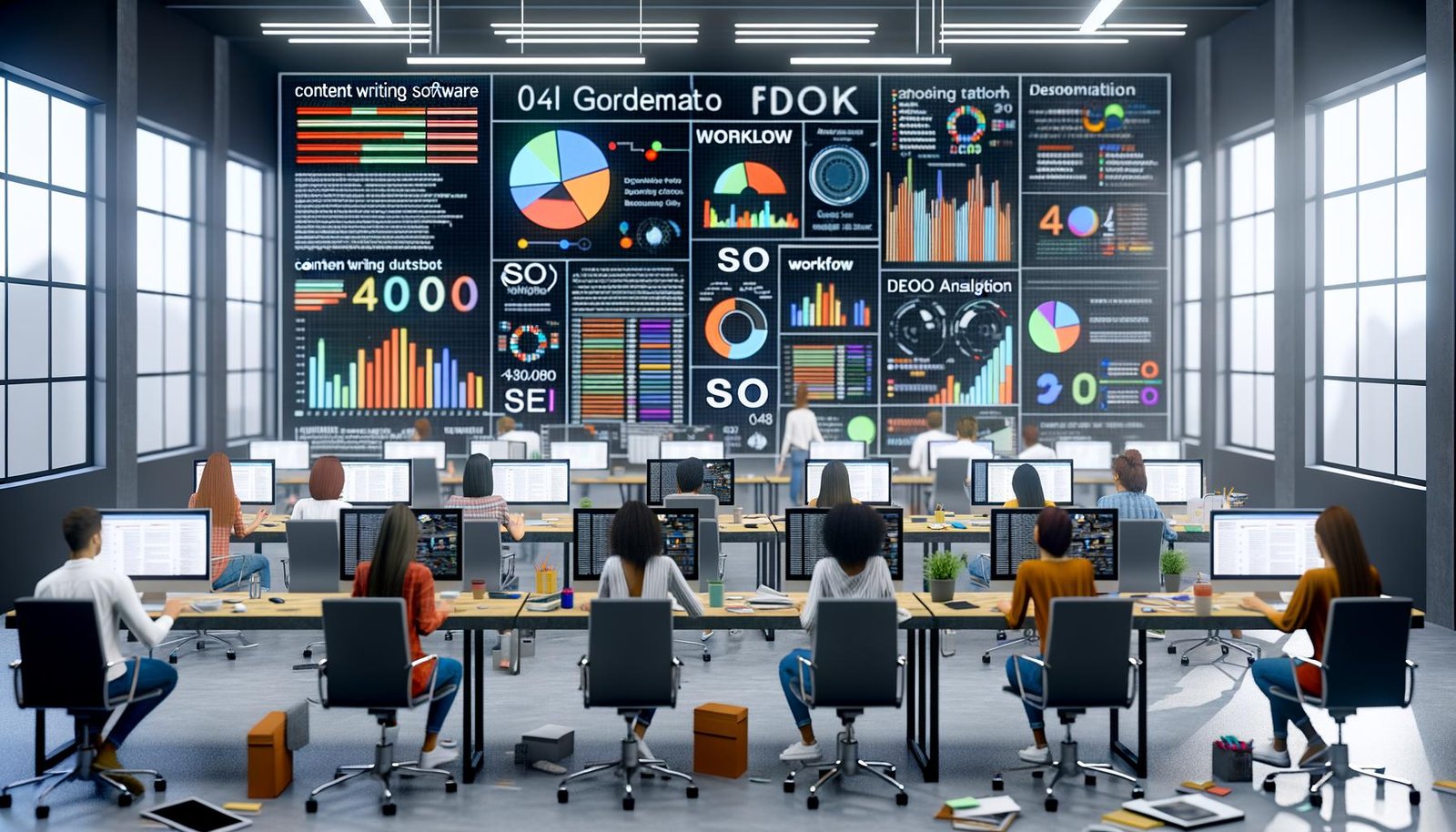 Redaktionsbüro mit mehreren Arbeitsplätzen, großen Monitoren und einem zentralen Dashboard voller bunter Diagramme, KI-Tools und SEO-Daten. Junge Redakteur:innen arbeiten konzentriert an ihren Desktops, Notizblock, Smartphone und Kaffeetasse liegen daneben.