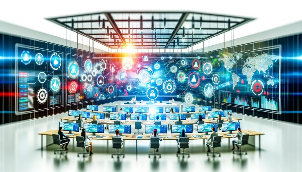 Team von Marketing- und Data-Spezialisten analysiert in einer modernen Schaltzentrale komplexe Datenvisualisierungen und Echtzeit-Analytics auf digitalen Bildschirmen.