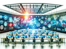 Team von Marketing- und Data-Spezialisten analysiert in einer modernen Schaltzentrale komplexe Datenvisualisierungen und Echtzeit-Analytics auf digitalen Bildschirmen.