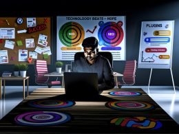 Junger SEO-Experte vor Laptop mit WordPress und bekannten SEO-Plugins, umgeben von Symbolen für Erfolge und Frust in einem modernen Büroraum.