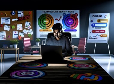 Junger SEO-Experte vor Laptop mit WordPress und bekannten SEO-Plugins, umgeben von Symbolen für Erfolge und Frust in einem modernen Büroraum.