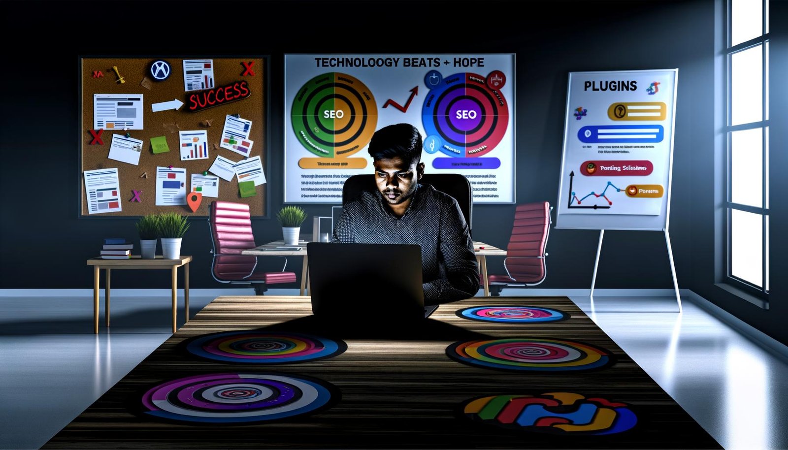 Junger SEO-Experte vor Laptop mit WordPress und bekannten SEO-Plugins, umgeben von Symbolen für Erfolge und Frust in einem modernen Büroraum.