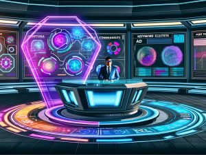 Futuristischer Kontrollraum im Cyberpunk-Stil mit Amazon Ads, Datenströmen, KPI-Visualisierungen und einer Person an einem halbkreisförmigen Pult.