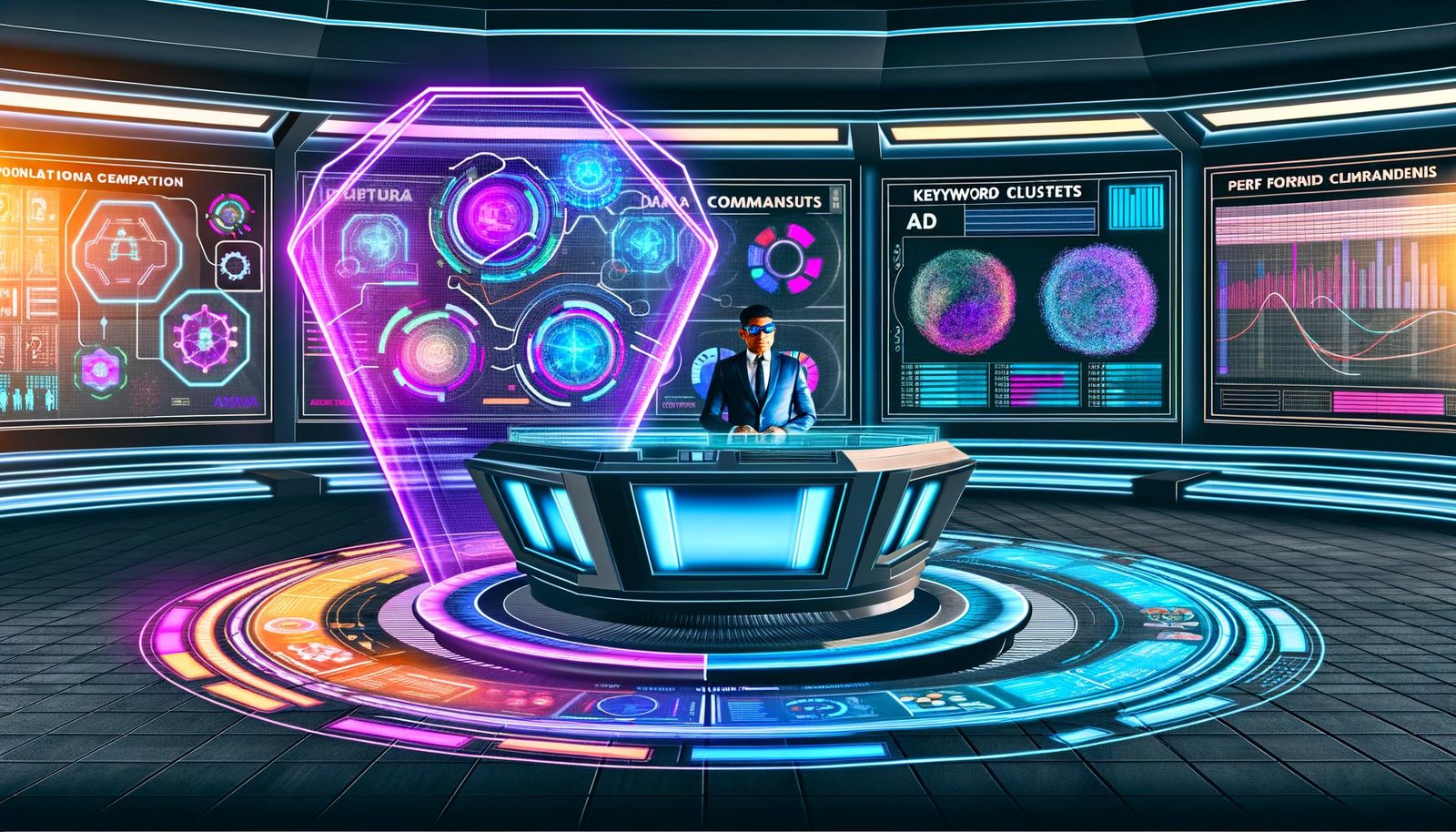 Futuristischer Kontrollraum im Cyberpunk-Stil mit Amazon Ads, Datenströmen, KPI-Visualisierungen und einer Person an einem halbkreisförmigen Pult.