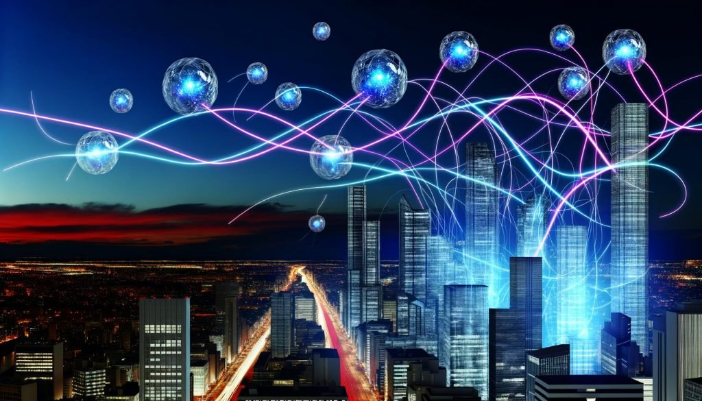 Futuristische Skyline bei Sonnenuntergang mit Neon-Quantendaten als Lichtbänder und schwebenden, kristallinen Qubit-Knoten über den Glasgebäuden.