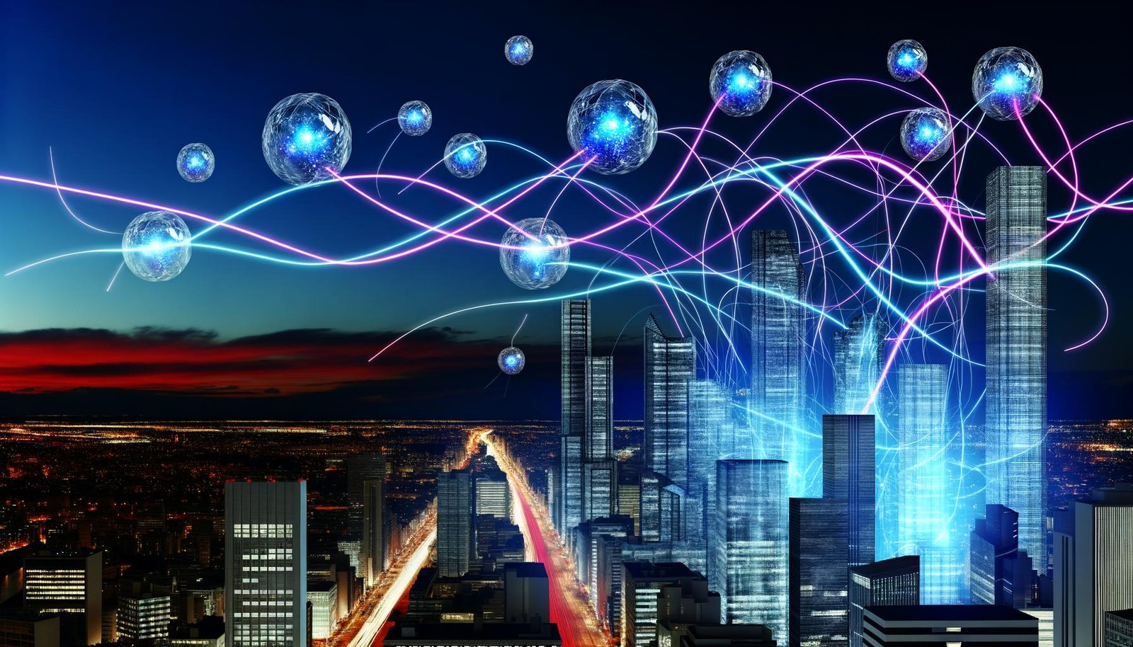Futuristische Skyline bei Sonnenuntergang mit Neon-Quantendaten als Lichtbänder und schwebenden, kristallinen Qubit-Knoten über den Glasgebäuden.