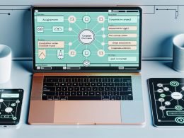 Moderner, aufgeräumter Arbeitsplatz mit geöffnetem Notion Dashboard auf einem Laptop, Kanban-Boards und digitalen Automatisierungssymbolen. Smartphone zeigt Slack-Benachrichtigung, Tablet eine Automation-Workflow.