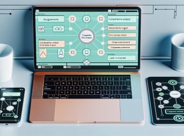 Moderner, aufgeräumter Arbeitsplatz mit geöffnetem Notion Dashboard auf einem Laptop, Kanban-Boards und digitalen Automatisierungssymbolen. Smartphone zeigt Slack-Benachrichtigung, Tablet eine Automation-Workflow.