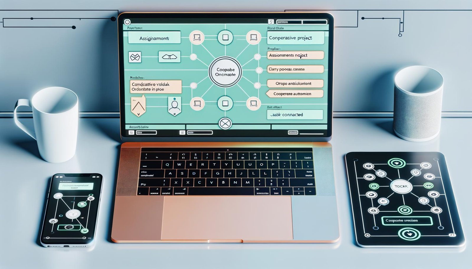 Moderner, aufgeräumter Arbeitsplatz mit geöffnetem Notion Dashboard auf einem Laptop, Kanban-Boards und digitalen Automatisierungssymbolen. Smartphone zeigt Slack-Benachrichtigung, Tablet eine Automation-Workflow.