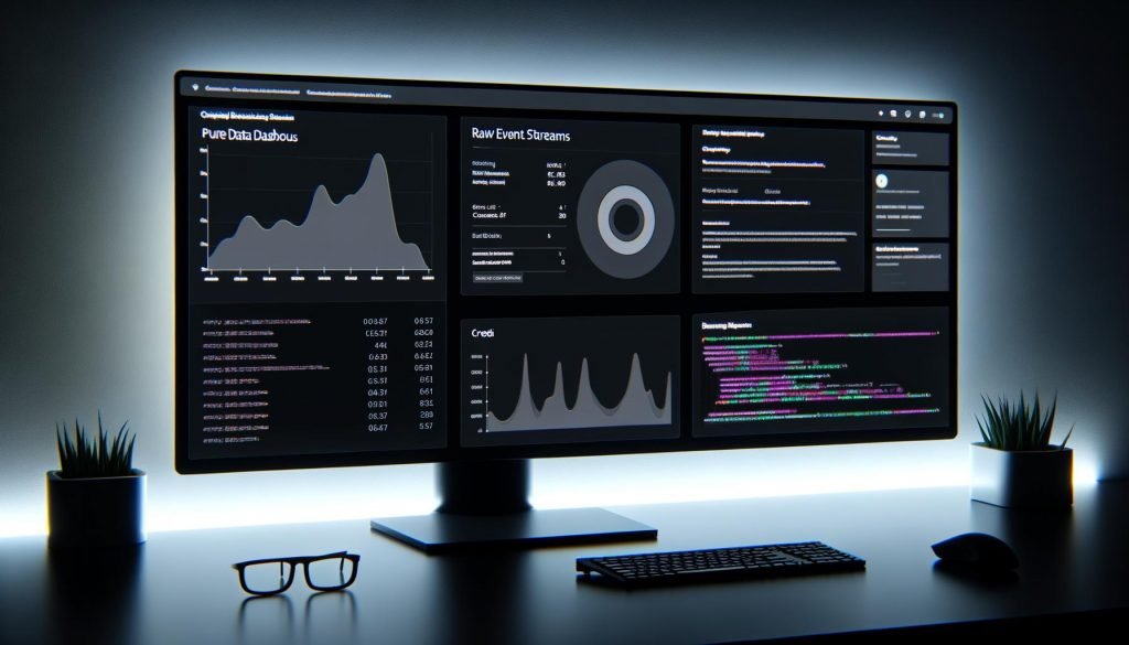 Moderner Arbeitsplatz im Dark-Theme mit ultra-breitem Monitor, der ein anpassbares Dashboard voller Diagramme, Echtzeit-Datenströme und Code zeigt.